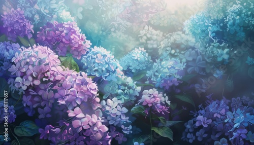 Hydrangeas bloom in clusters of azure and violet, their lush fullness enveloping the scene with tranquility, background concept photo