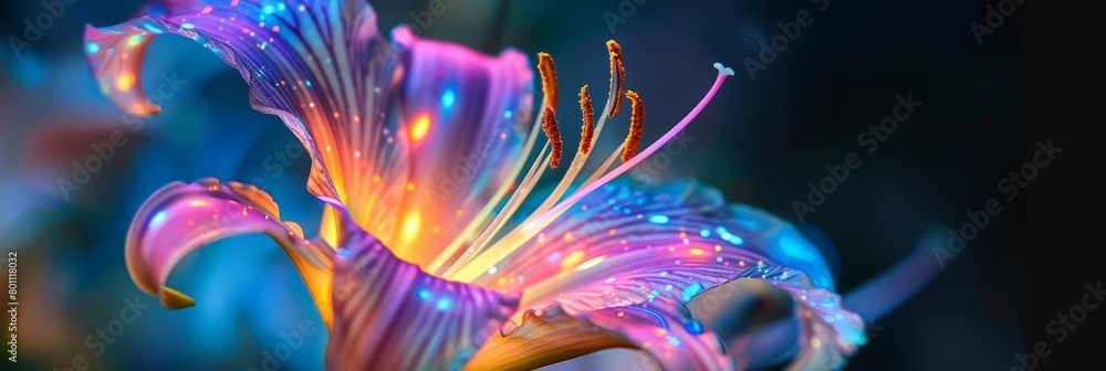 Lilies are transformed into holographic displays, their stamens projecting soft, multicolored light patterns, a merger of flora and technology in a macro concept Lilies are transformed into holographic displays, their stamens projecting soft, multicolored light patterns, a merger of flora and technology in a macro concept