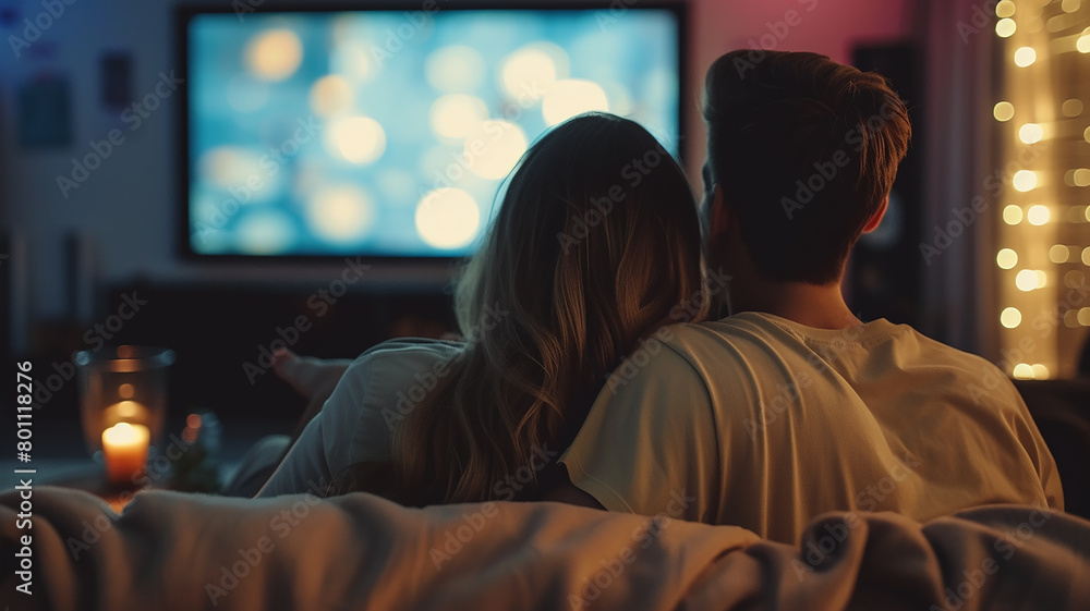 A young couple in love watching TV at home on the sofa in the dark A young couple in love watching TV at home on the sofa in the dark