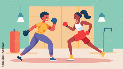The sound of gloves hitting pads echoes through the gym as a duo works on footwork and lateral movements.