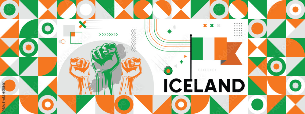Flag and map of Iceland with raised fists. National day or Independence day design for Counrty celebration. Modern retro design with abstract icons. Vector illustration. Flag and map of Iceland with raised fists. National day or Independence day design for Counrty celebration. Modern retro design with abstract icons. Vector illustration.