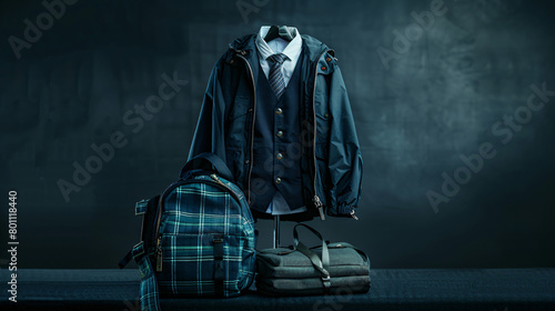 Stylish school uniform on dark background photo