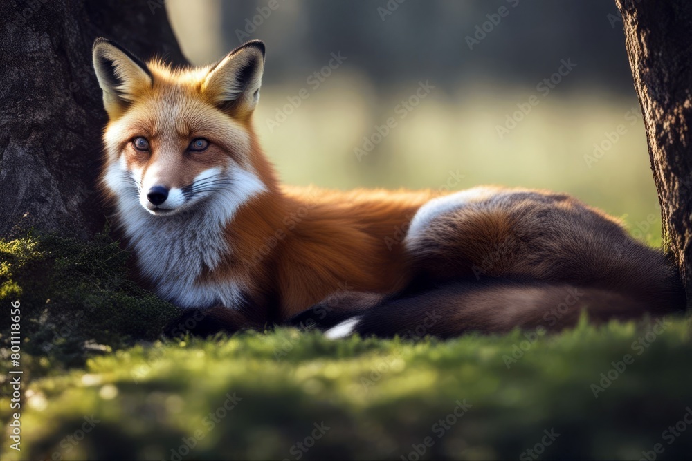 Fototapeta premium 'lying tree close red fox animal mammal wildlife wild nature fur vulpes predator cute canino face dog hunter vixen grass carnivore furry crafted baby'