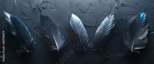 A close up of four blue feathers on a dark background photo