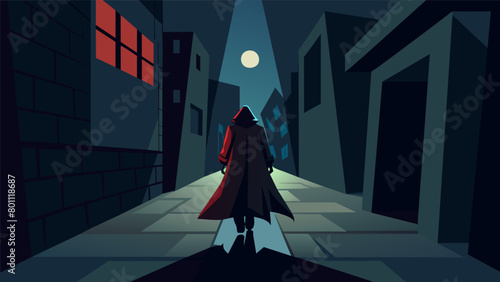 The silhouette of a figure their face obscured by a cloak casting a shadow of fear over a dimly lit alleyway..