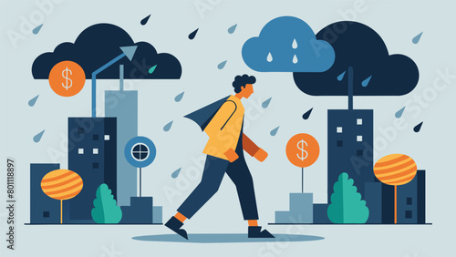 A person walking through a stormy city street with financial symbols pelting them from above like rain.