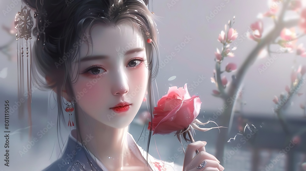 Fototapeta premium Ethereal Beauty Amidst Blossoming Flowers: A Serene and Mystical Atmosphere