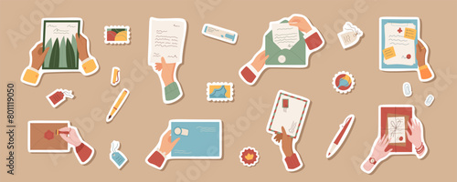 Flat hands with blank mail and letters sticker set illustration, colorful isolated hand writing letter label pack, woman sends envelope and package, cartoon character holds sheet of paper collection.