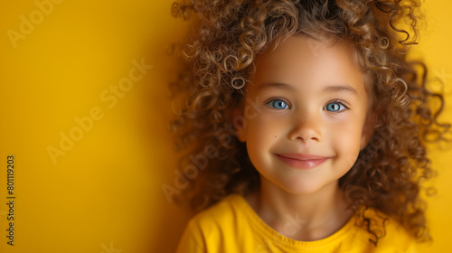 portrait of a cute little girl on a yellow background in the studio, space for text