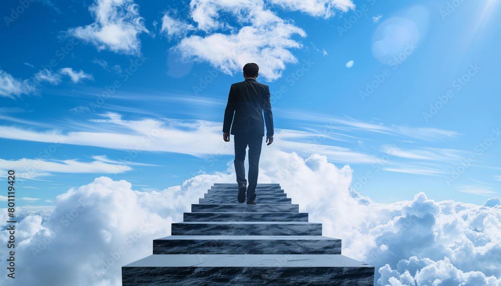 Businessman Climbing Stairs Toward Sky, Conceptual Image of Success and Career Ascent
Businessman Climbing Stairs Toward Sky, Conceptual Image of Success and Career Ascent