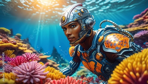 A humanoid with a coral-reef texture, purifying ocean waters and reviving marine life around photo