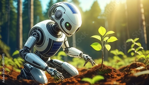 A robot designed with solar panels, reforesting a deforested area with a variety of young