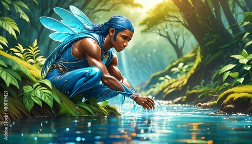 A water sprite, human-like but with translucent blue skin, restoring a polluted river to its photo
