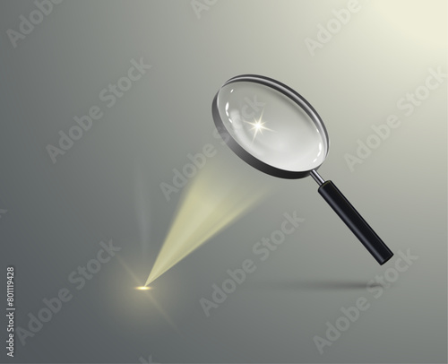 A realistic magnifying glass burns a surface using a sunbeam. Vector illustration.