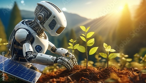 A robot designed with solar panels, reforesting a deforested area with a variety of young photo