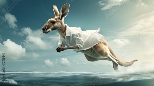 A kangaroo wearing a shirt outfit flying across the ocean, photography, 