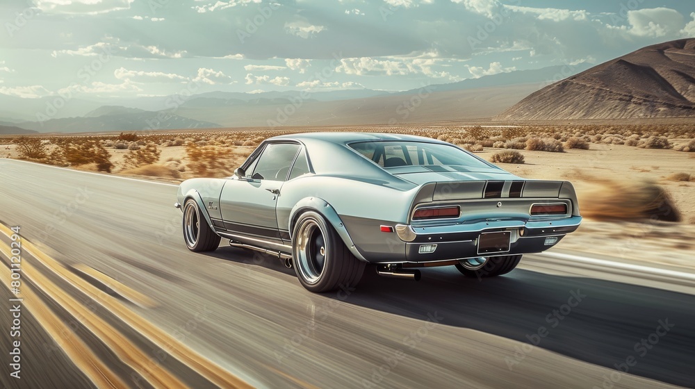 A vintage muscle car overtaking on a desert road, rear curtain sync accentuating the classic dynamic motion, editorial photography 