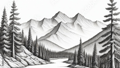 A Drawing Of Mountains And Trees A Detailed Drawin (12) photo