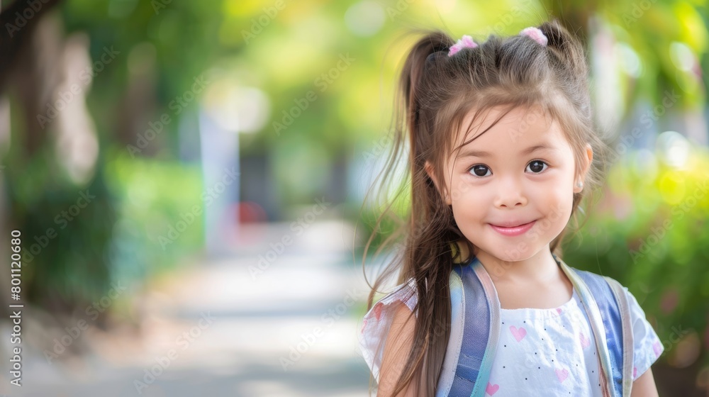 Adorable young girl with backpack smiling on a sunlit park pathway. Adorable young girl with backpack smiling on a sunlit park pathway.