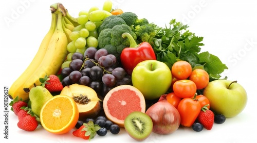 photo of various fresh vegetables and fruits in white background