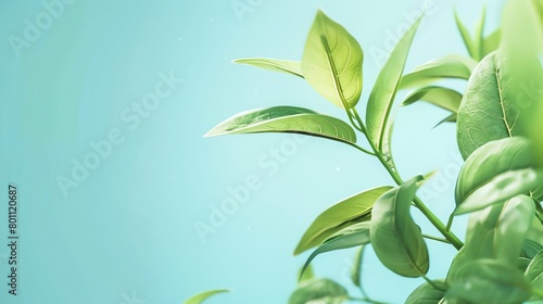 Fresh green cover leaf, pastel blue matte background, spring gardening magazine cover, gentle morning lighting, eyelevel shot