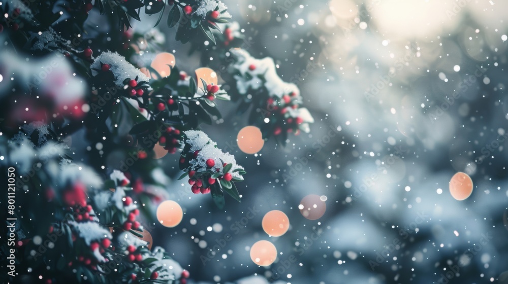 Red berries covered in snow on a holly branch, set against a bokeh winter background, evoking festive spirit. Red berries covered in snow on a holly branch, set against a bokeh winter background, evoking festive spirit.