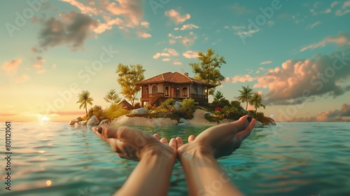 women's hands holding a Small fantastic island with a house