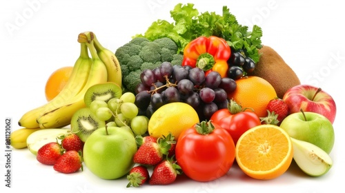 photo of various fresh vegetables and fruits in white background