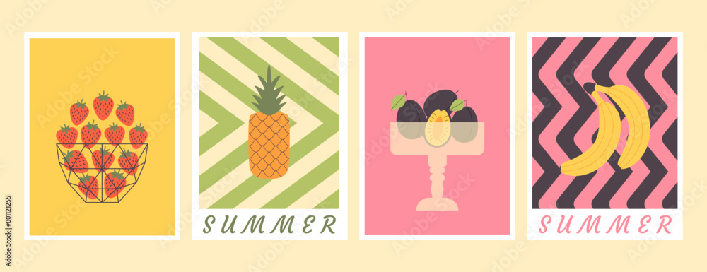 Summer layout set. Retro abstract  juicy cards, posters, covers, flyers, banners. Modern fruits - pineapple, strawberry, banana, plum. Geometric vintage background design, backdrop.