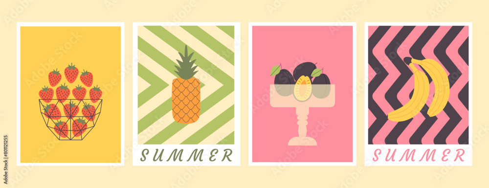 Summer layout set. Retro abstract juicy cards, posters, covers, flyers, banners. Modern fruits - pineapple, strawberry, banana, plum. Geometric vintage background design, backdrop. Summer layout set. Retro abstract juicy cards, posters, covers, flyers, banners. Modern fruits - pineapple, strawberry, banana, plum. Geometric vintage background design, backdrop.