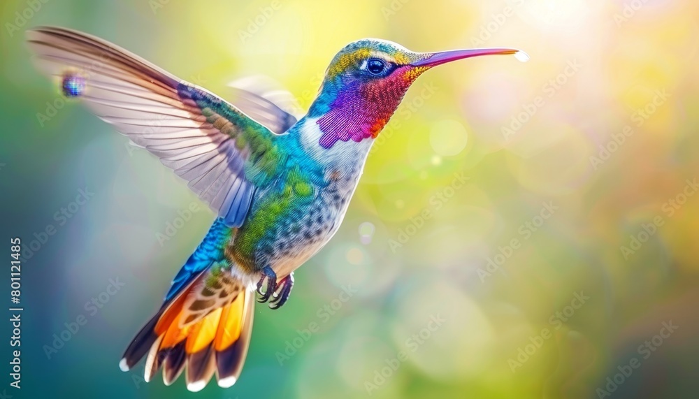 Fototapeta premium Graceful hummingbirds flying, poised to sip nectar from vibrant and colorful flowers