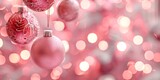 Soft pink Christmas decorations dangle with a backdrop of shimmering bokeh, creating a gentle holiday ambiance.