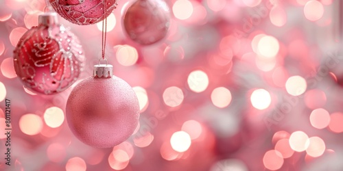 Soft pink Christmas decorations dangle with a backdrop of shimmering bokeh, creating a gentle holiday ambiance. photo