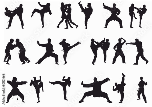martial arts silhouette bundle for any design purpose.
 Taekwondo, judo, wushu, capoeira, mma fighters in fighting poses, action. Wrestling, kick boxing, muay thai, sambo sports.