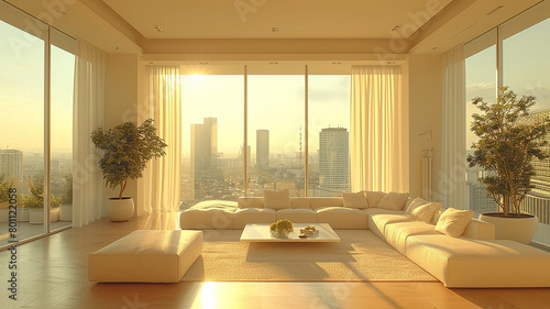 Panoramic windows in the interior with a view of the cityscape in daylight  modern design in the style of minimalism