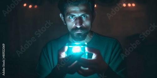 man touching light in darkness © alisaaa