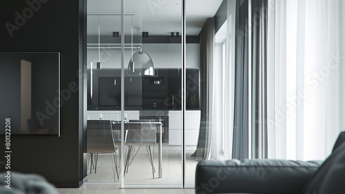 Modern interior of the apartment with glass partitions photo