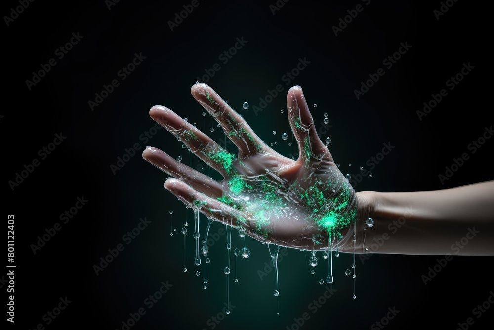 A persons hand covered in green element. virus, bacteria and personal hygiene concept. Generative AI A persons hand covered in green element. virus, bacteria and personal hygiene concept. Generative AI