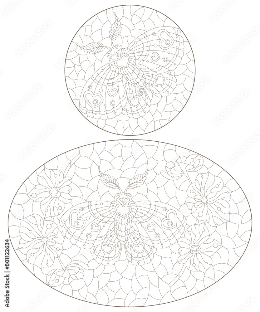 Set of contour illustrations in the style of stained glass with a cute moths, dark outlines on a white background Set of contour illustrations in the style of stained glass with a cute moths, dark outlines on a white background