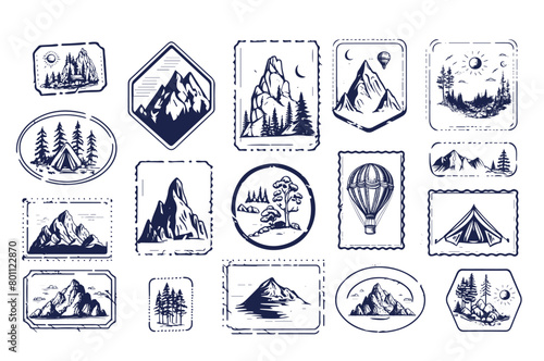 Camping set, Mountain landscape, hand drawn style, vector illustration.