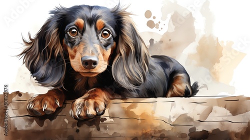 A watercolor painting of a long-haired black and tan miniature dachshund looking up with big brown eyes. photo