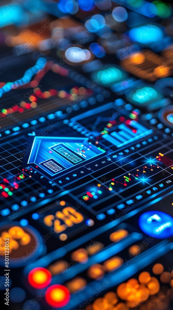 Fototapeta premium A digital composite image of a futuristic control panel with a house icon in the center.