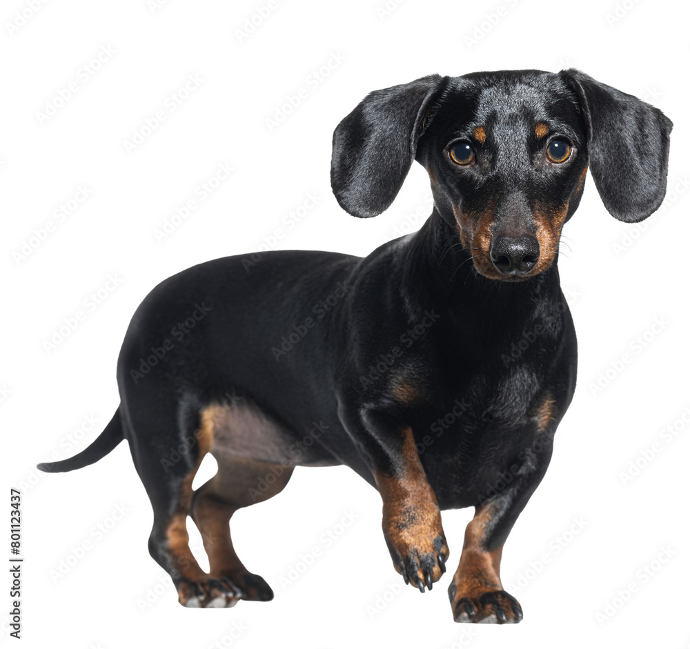 Black dachshund dog standing alert and looking at the camera on a clean white background Black dachshund dog standing alert and looking at the camera on a clean white background