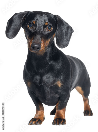 Black dachshund dog standing alert and looking at the camera on a clean white background © Eric Isselée