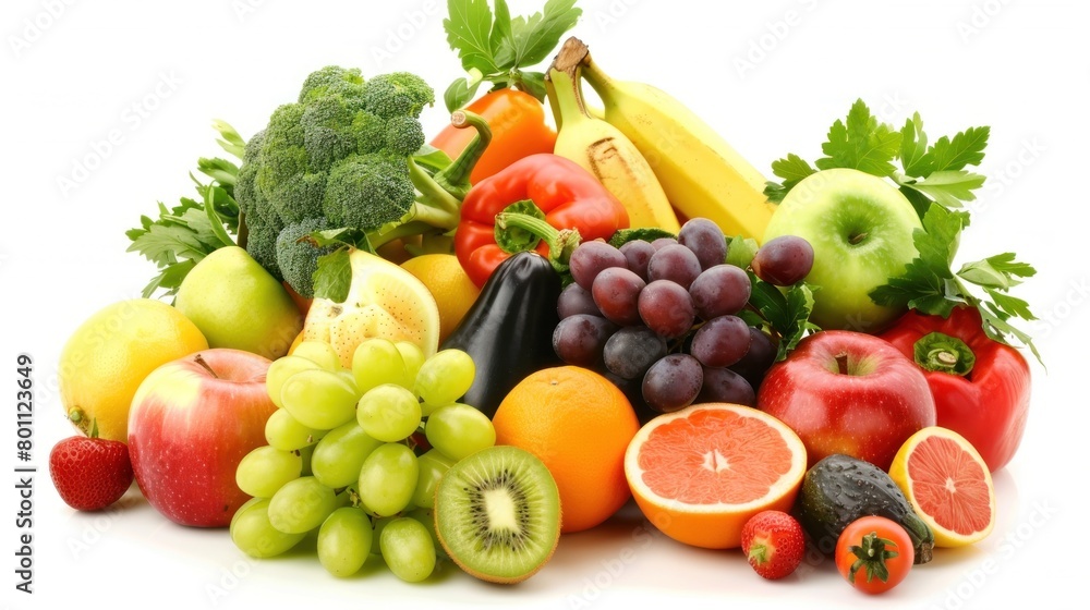 photo of various fresh vegetables and fruits in white background