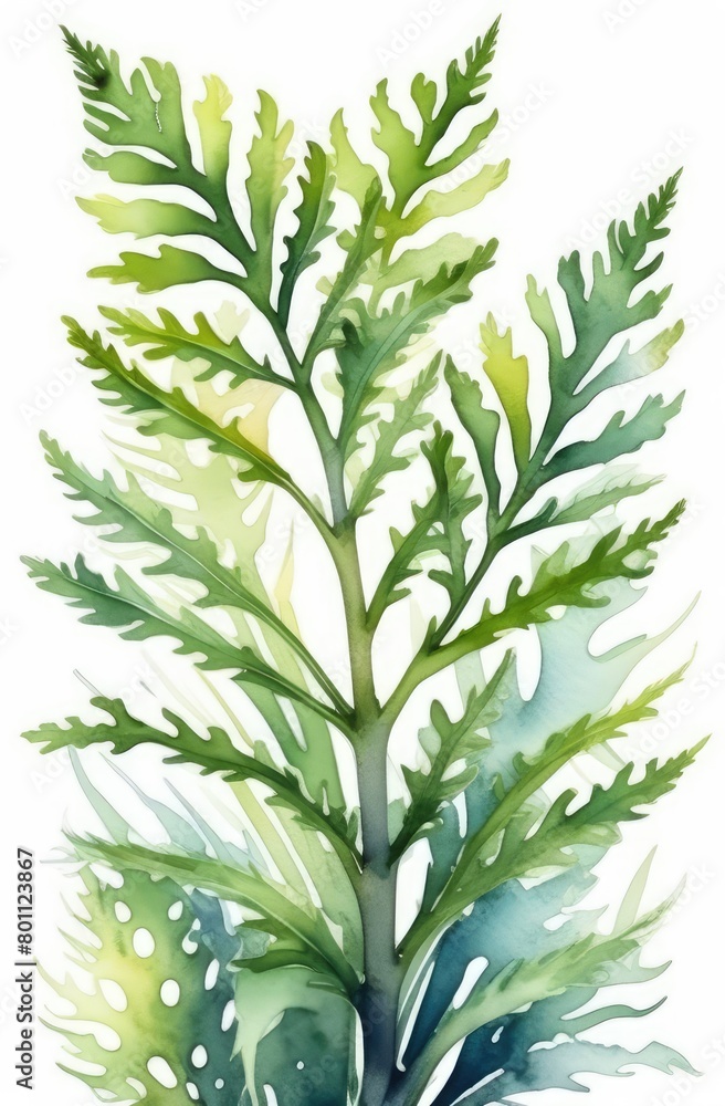 green plant of seaweed isolated on white background, watercolor illustration