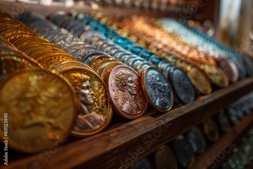 Detailed view of Olympic medals arranged in a podium display, symbolizing victory and achievement .Coins displayed on a wooden shelf for sale as body jewellery