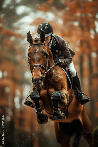 Equestrian clearing a jump with their horse during a showjumping event .A man is mounting a sorrel horse with bridle and saddle