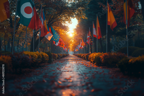 Flags of participating nations fluttering in the breeze, representing unity and diversity .Sunlight filters through trees, casting shadows on row of flags photo