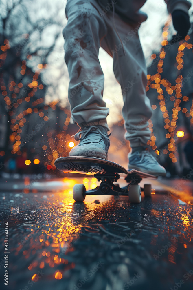 Skateboarder performing a complex trick with style and finesse .Skateboarding on wet asphalt with water splashing, under a freezing sky Skateboarder performing a complex trick with style and finesse .Skateboarding on wet asphalt with water splashing, under a freezing sky